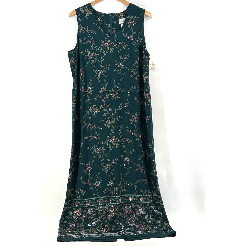 Vtg 90s Whimsigoth Maxi Dress 16 Dark Green Floral Cottagecore Fairy Grunge NWT